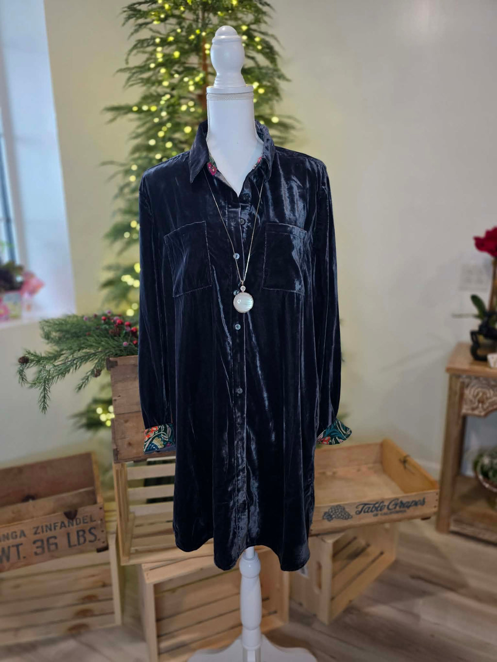 Navy blue velvet shirt dress by Natural Life
