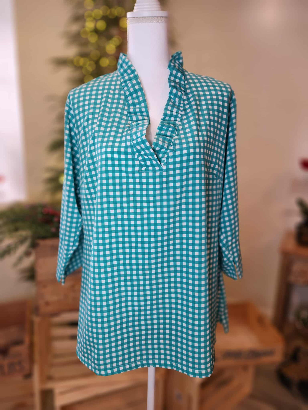 Ruffle tunic in green & white gingham