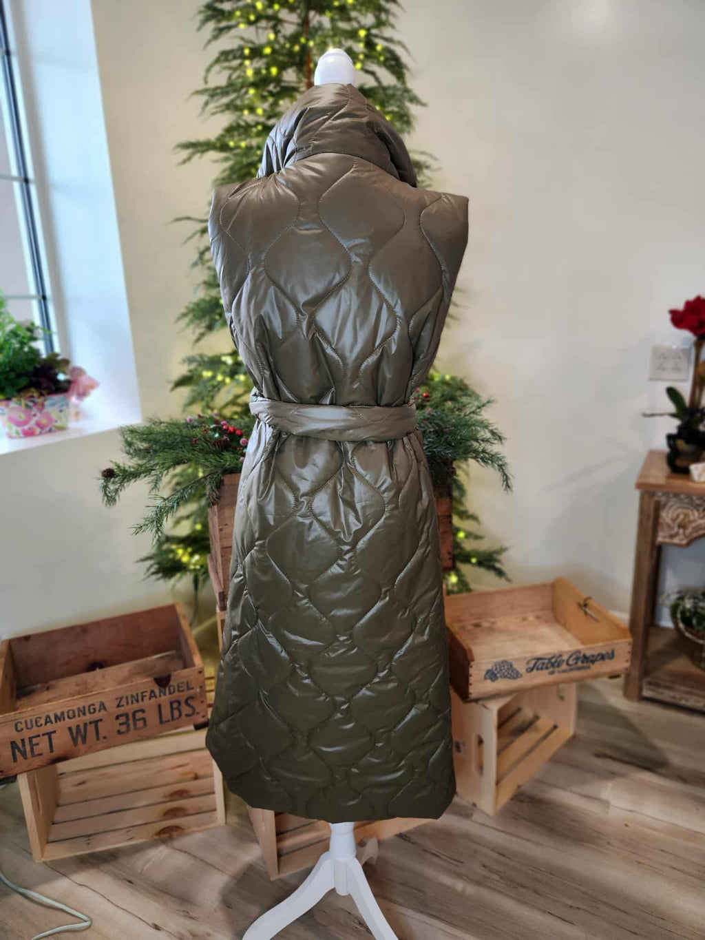 Olive Green Long Puffer Vest with Tie Belt