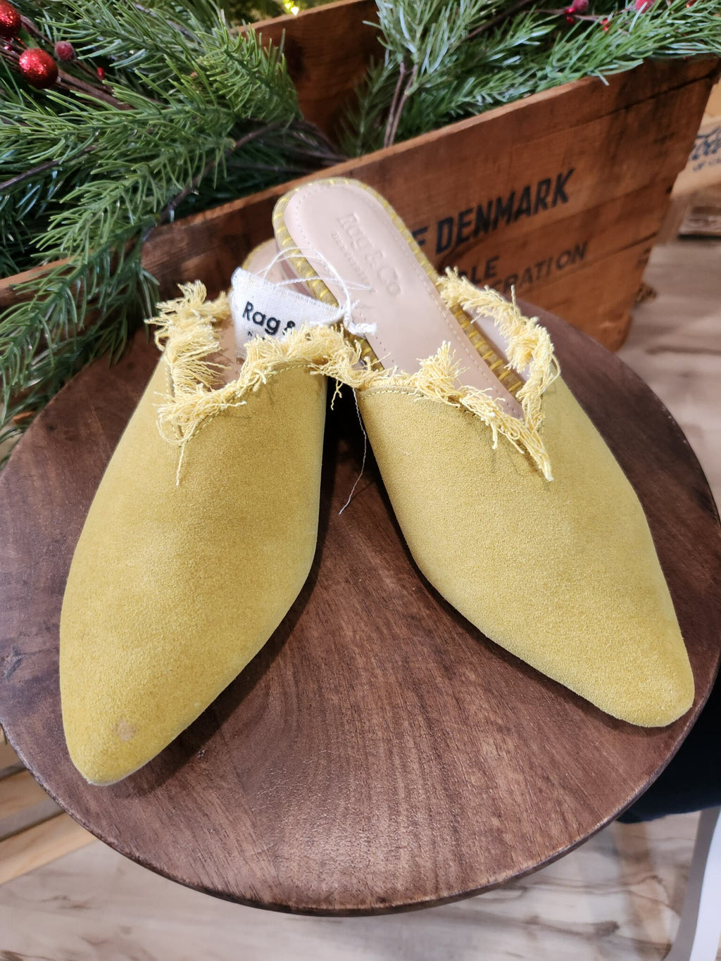 Rag & Co Mustard Yellow Fringe Mule - size 8