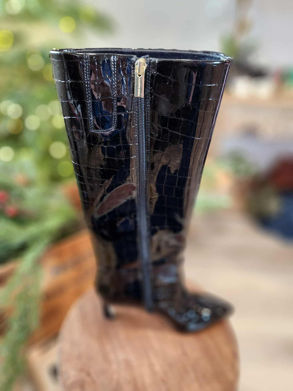 Vince Camuto Black Crocodile Knee High Patent Leather Boots - size 7.5