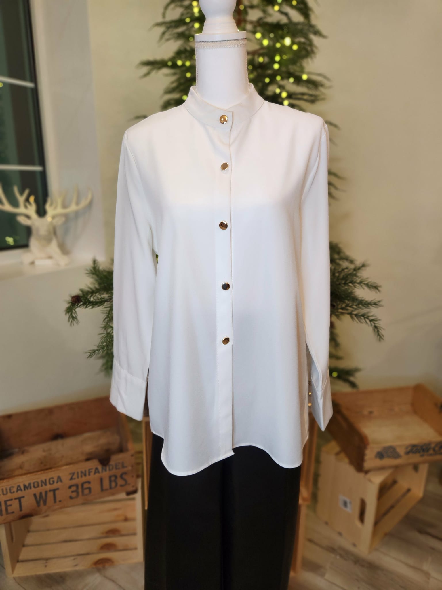 White Mandarin Collar Tunic with gold buttons