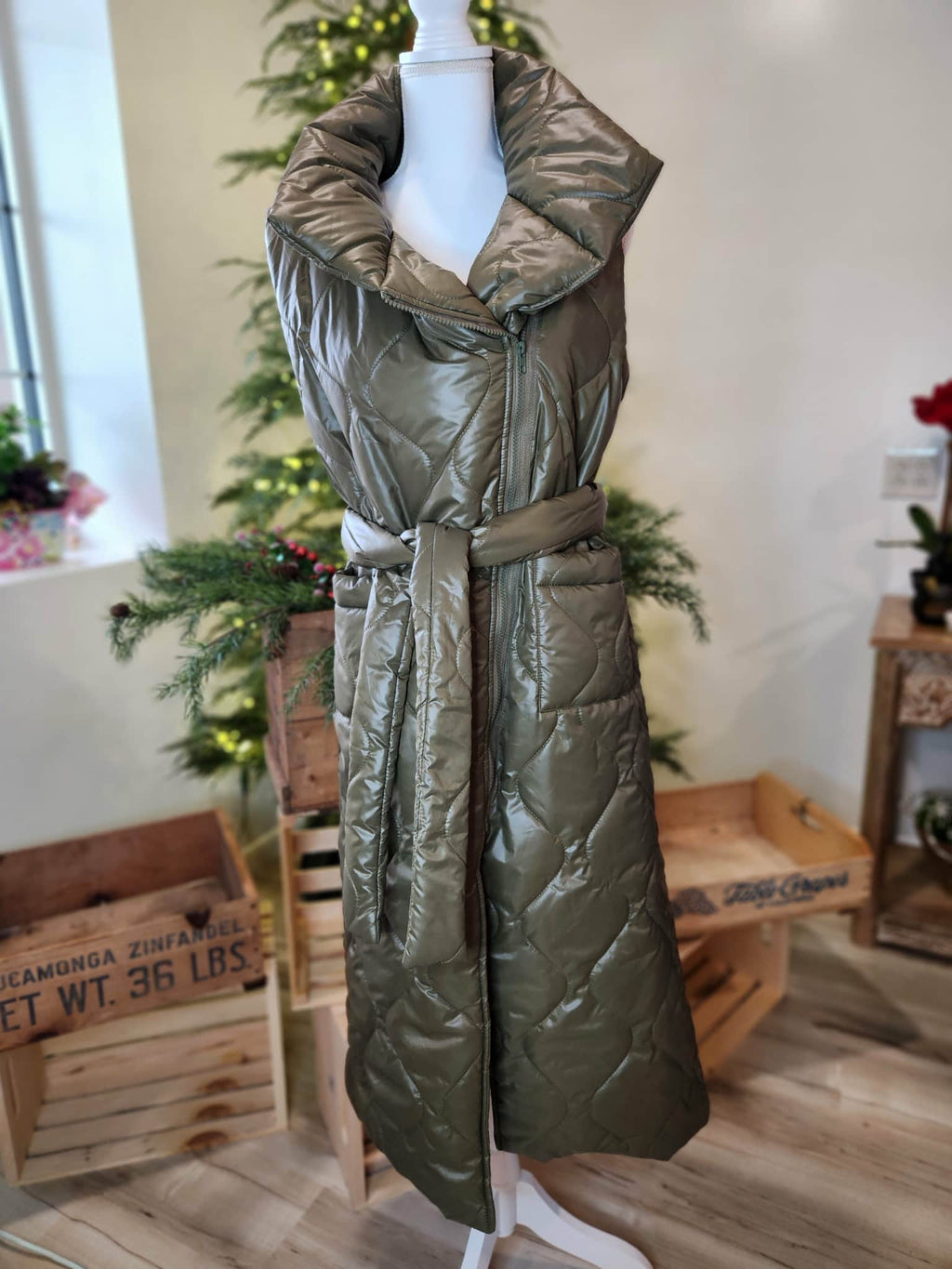 Olive Green Long Puffer Vest with Tie Belt