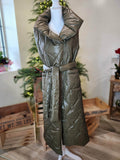 Olive Green Long Puffer Vest with Tie Belt