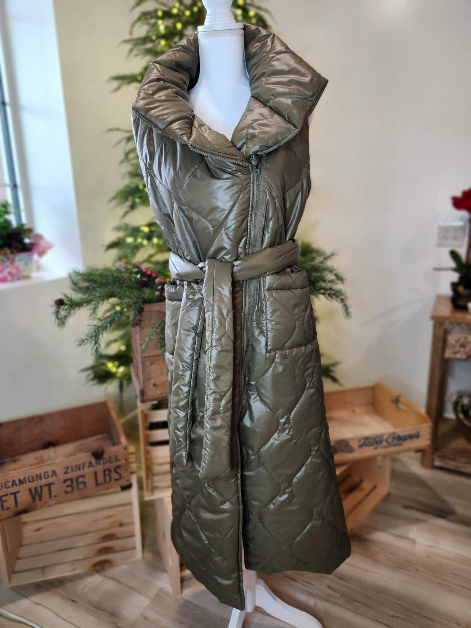 Olive Green Long Puffer Vest with Tie Belt