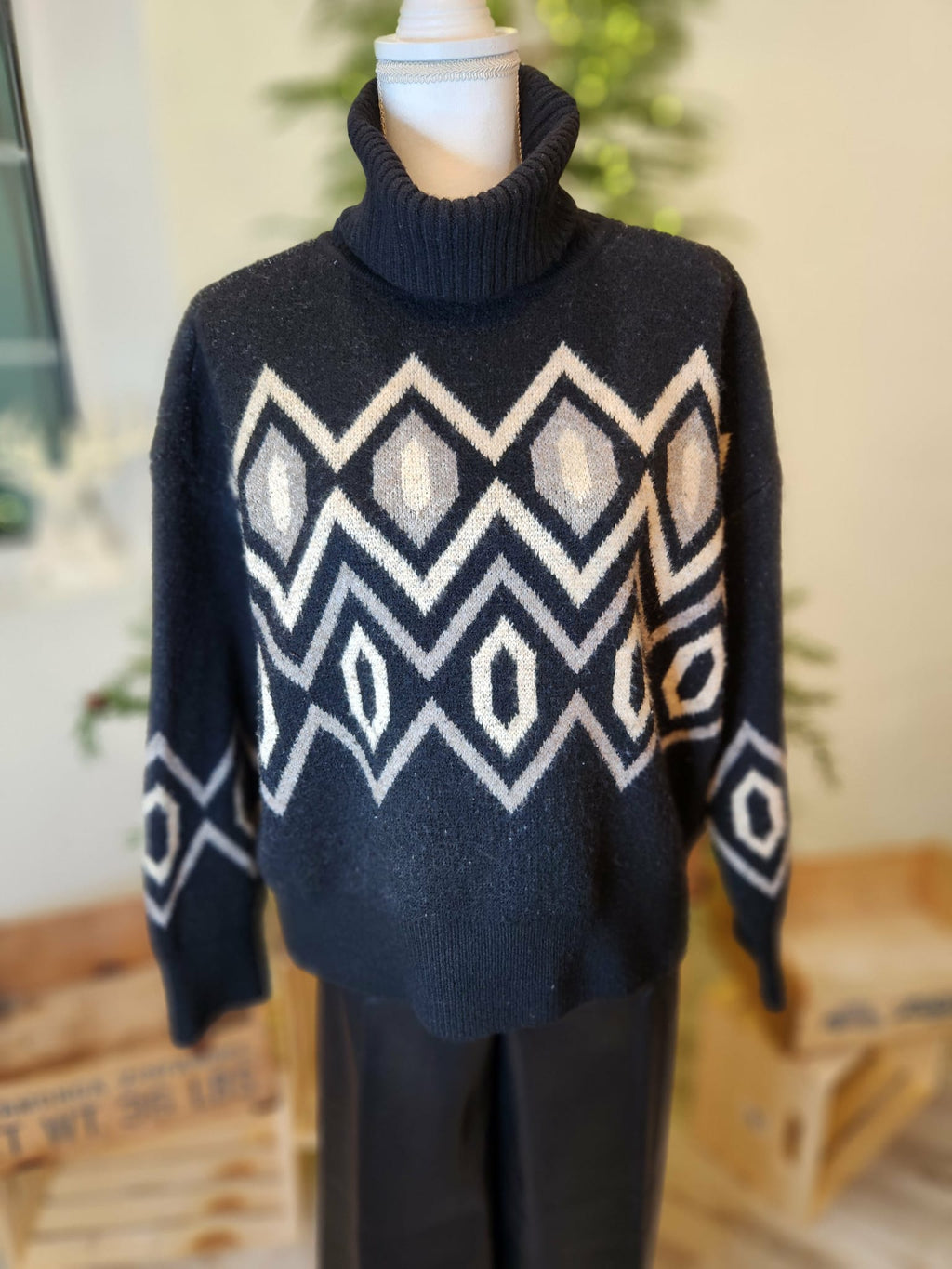 Geometric Black Turtleneck Sweater by Promesa