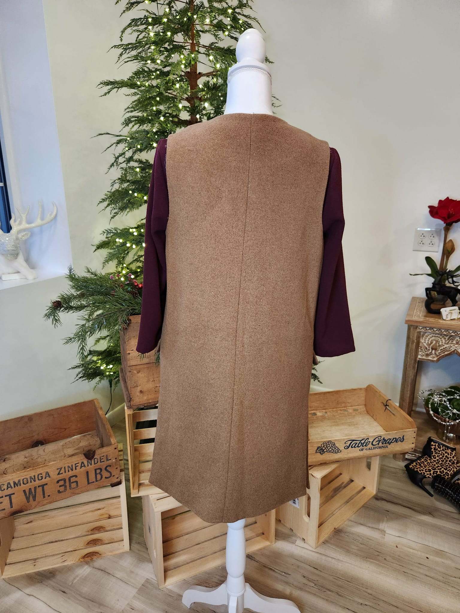 Camel Collarless Vest in Wool Blend
