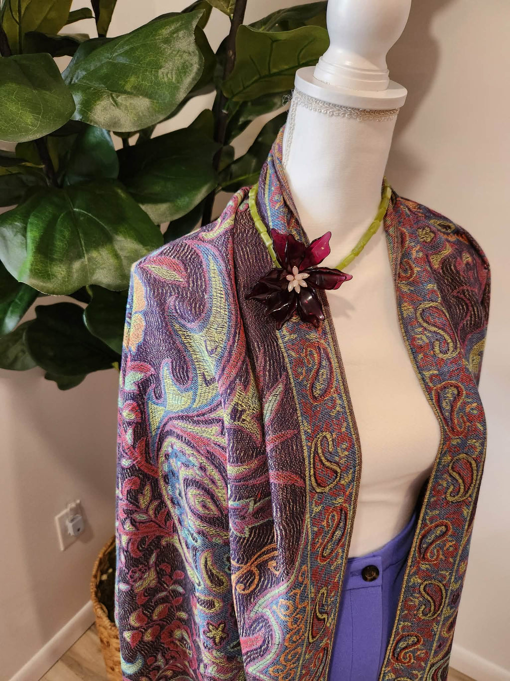 Plum & Chartreuse Jacquard Scarf/Wrap