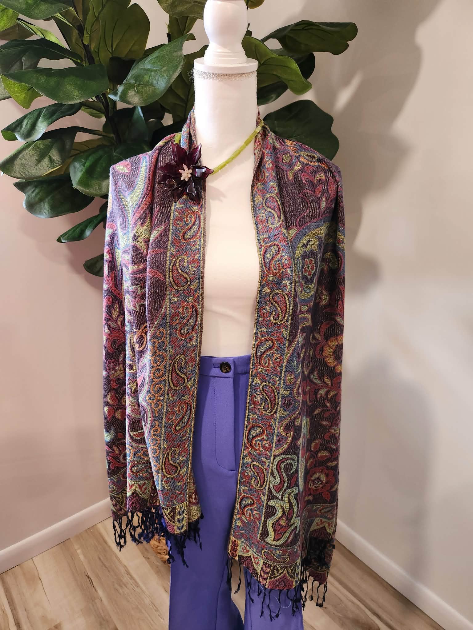 Plum & Chartreuse Jacquard Scarf/Wrap