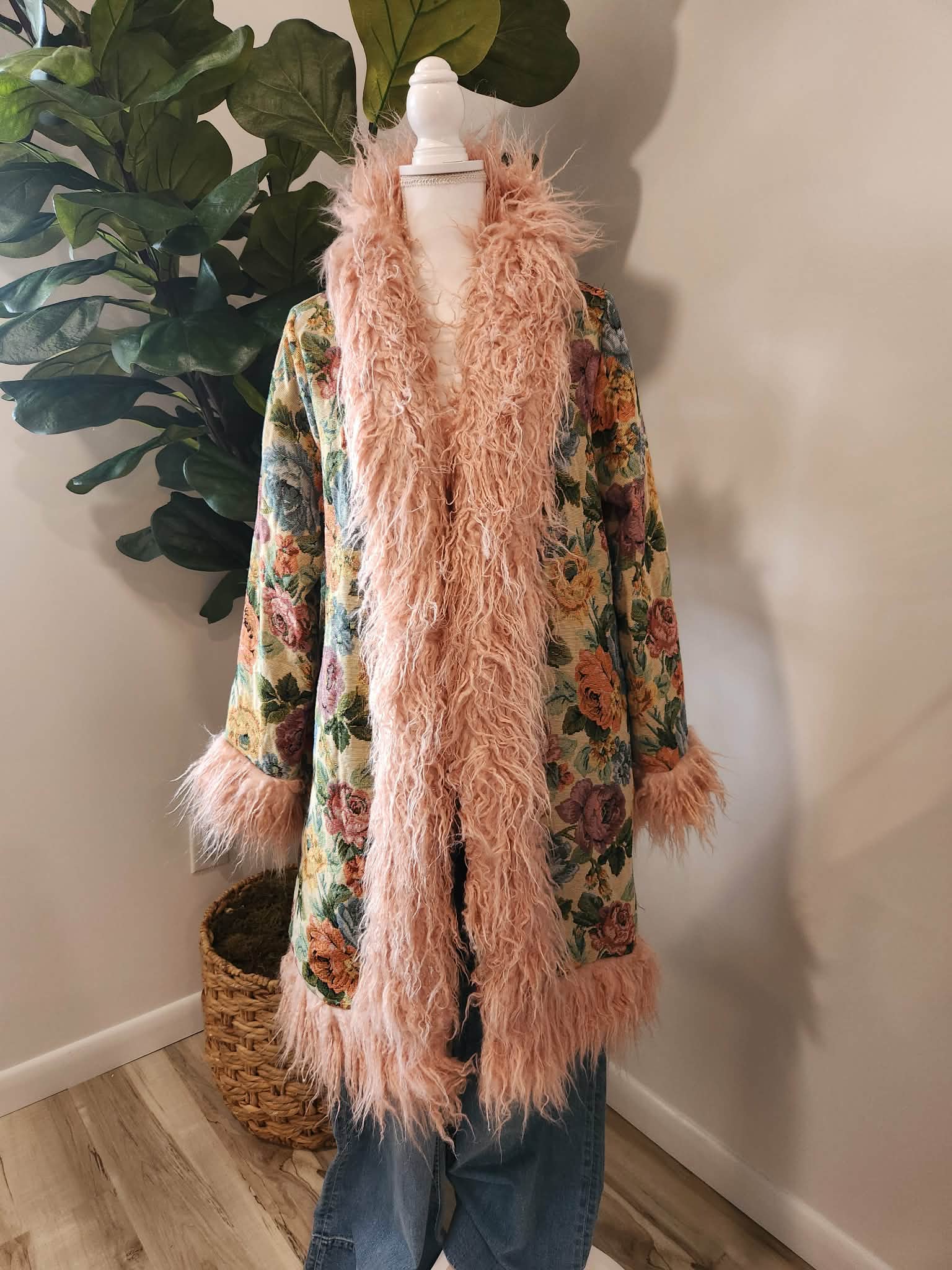 Boho Jacquard Coat with Faux Fur Collar