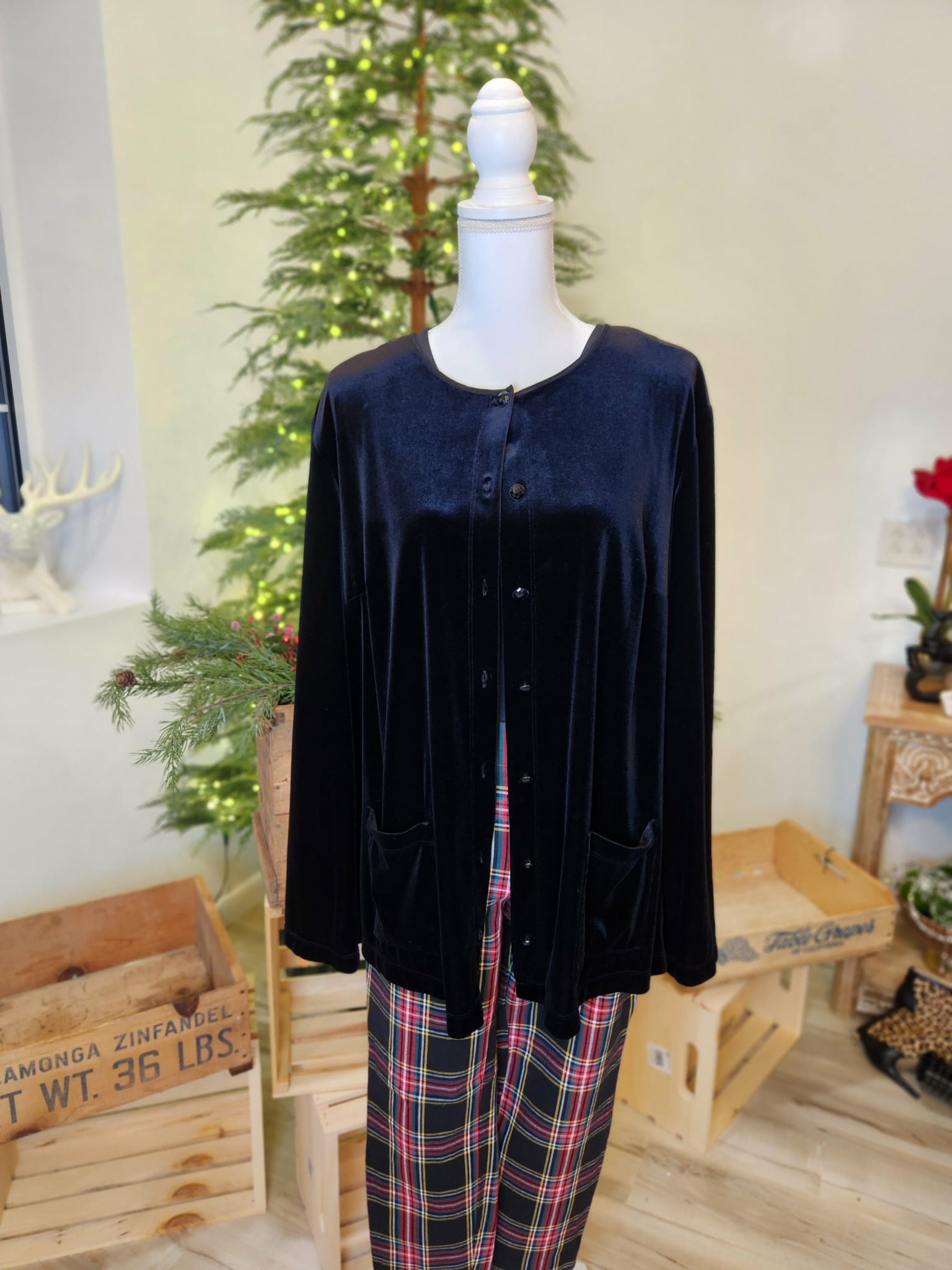 Black Velvet Unstructured Collarless Blazer by Laura Scott Woman