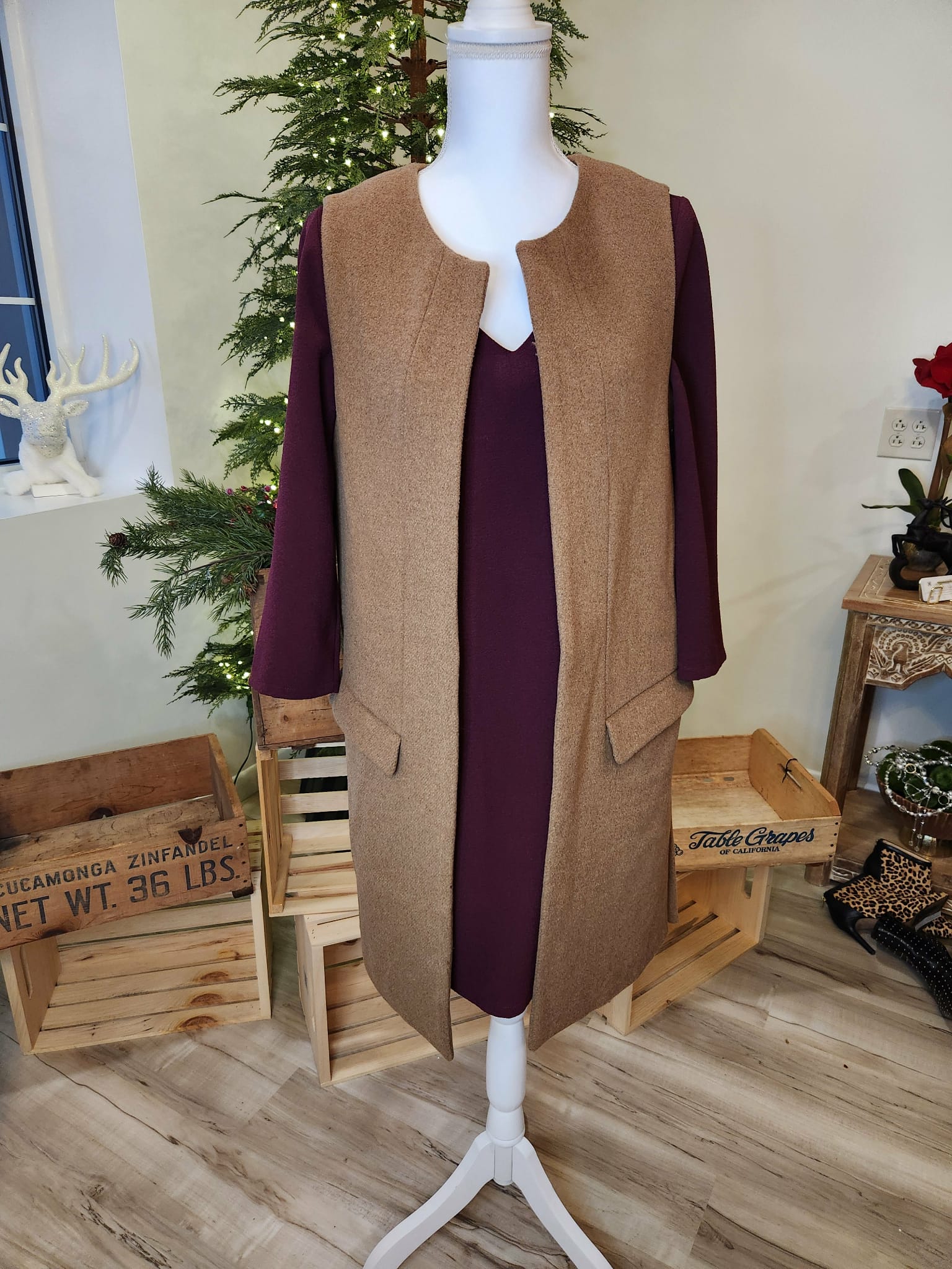 Camel Collarless Vest in Wool Blend