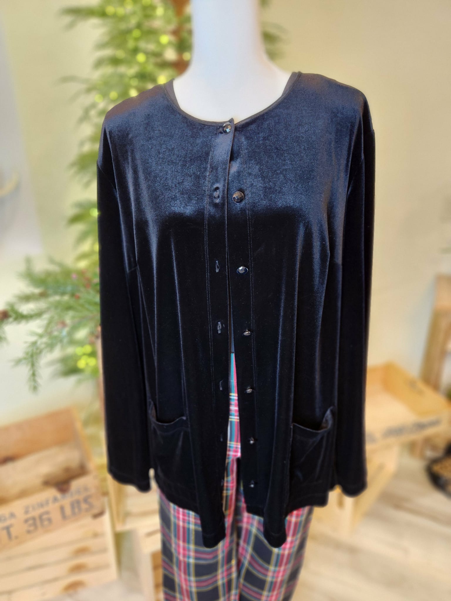 Black Velvet Unstructured Collarless Blazer by Laura Scott Woman