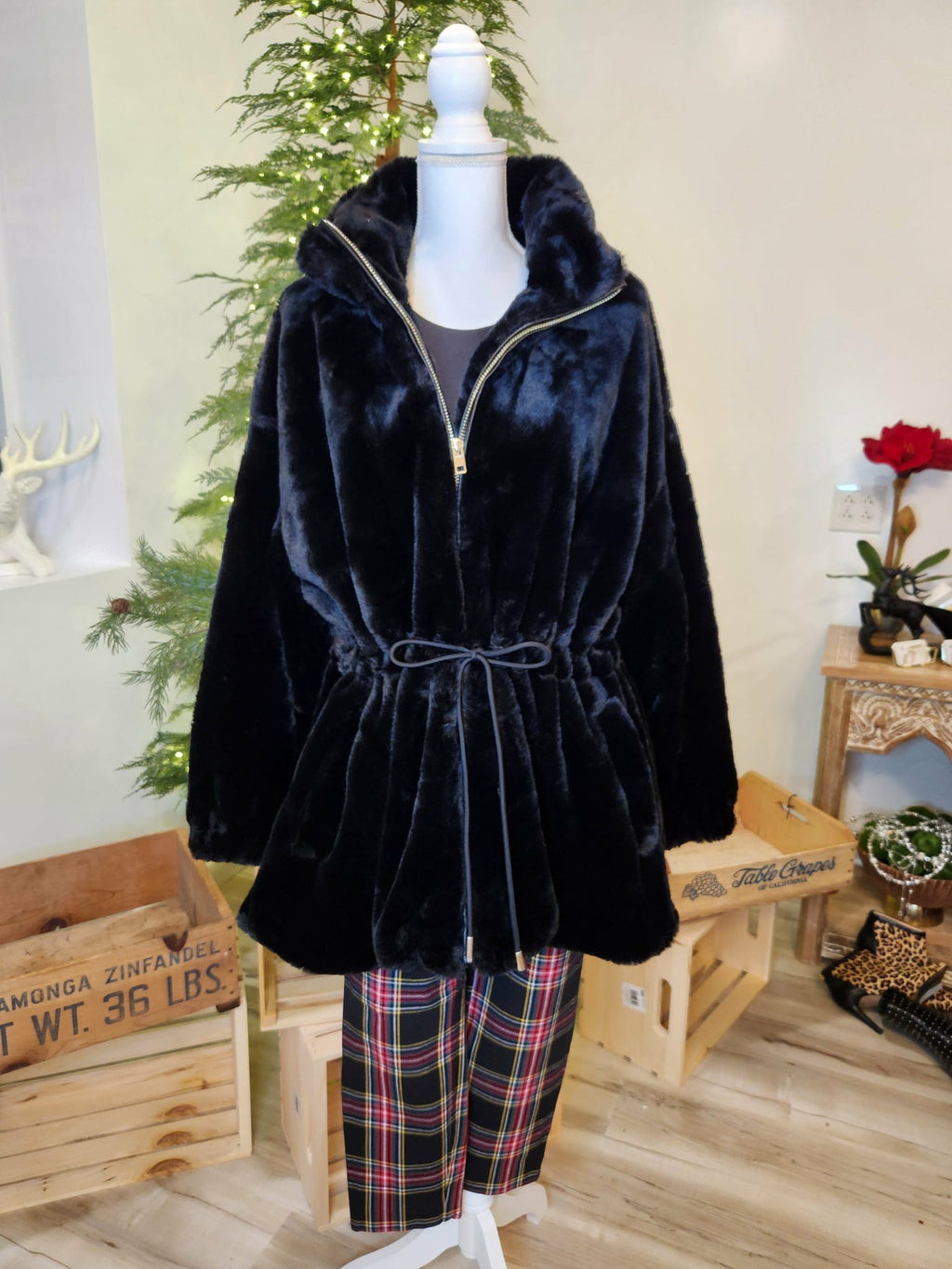 Magaschoni Woman Faux Fur Cinched Waist Jacket