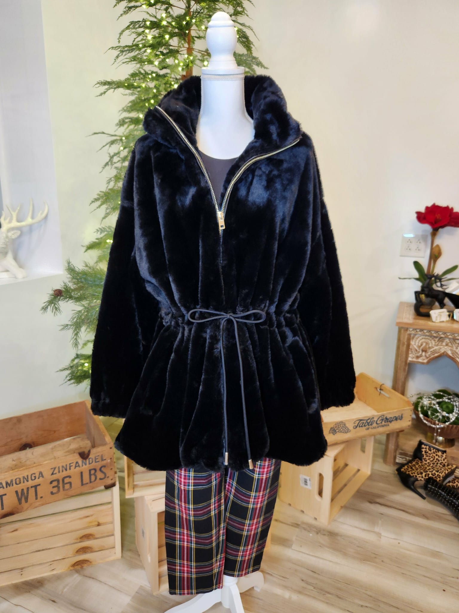 Magaschoni Woman Faux Fur Cinched Waist Jacket
